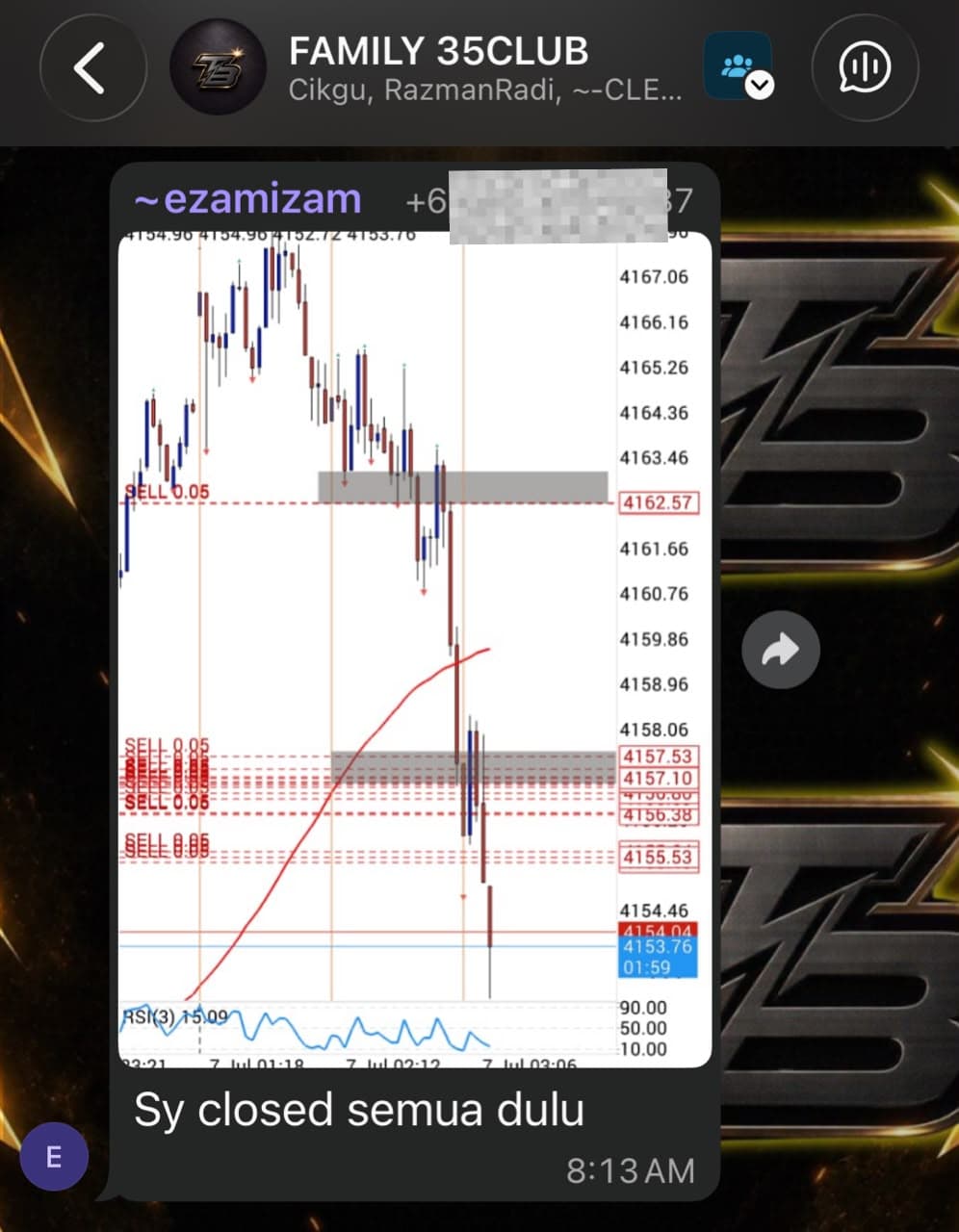Community feedback screenshot showing a trade management note.