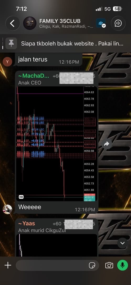 Screenshot perbincangan komuniti tentang pelaksanaan trade forex.