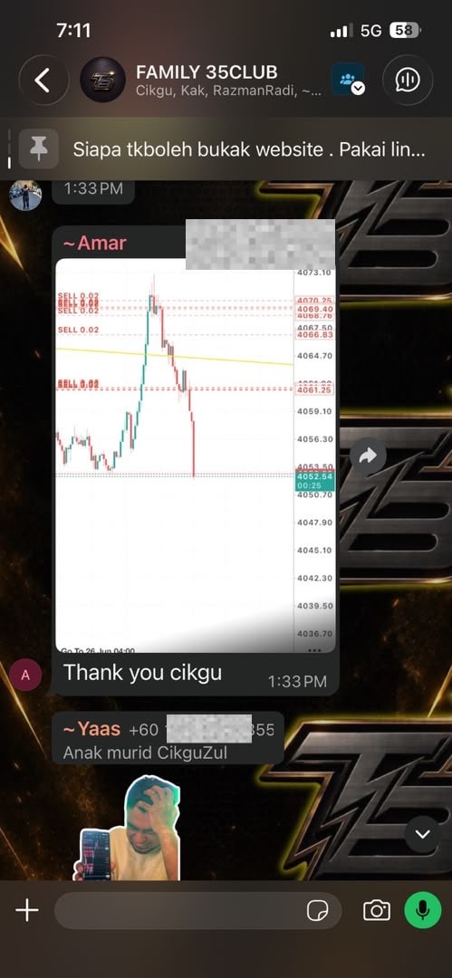 Screenshot ucapan terima kasih daripada ahli komuniti forex.